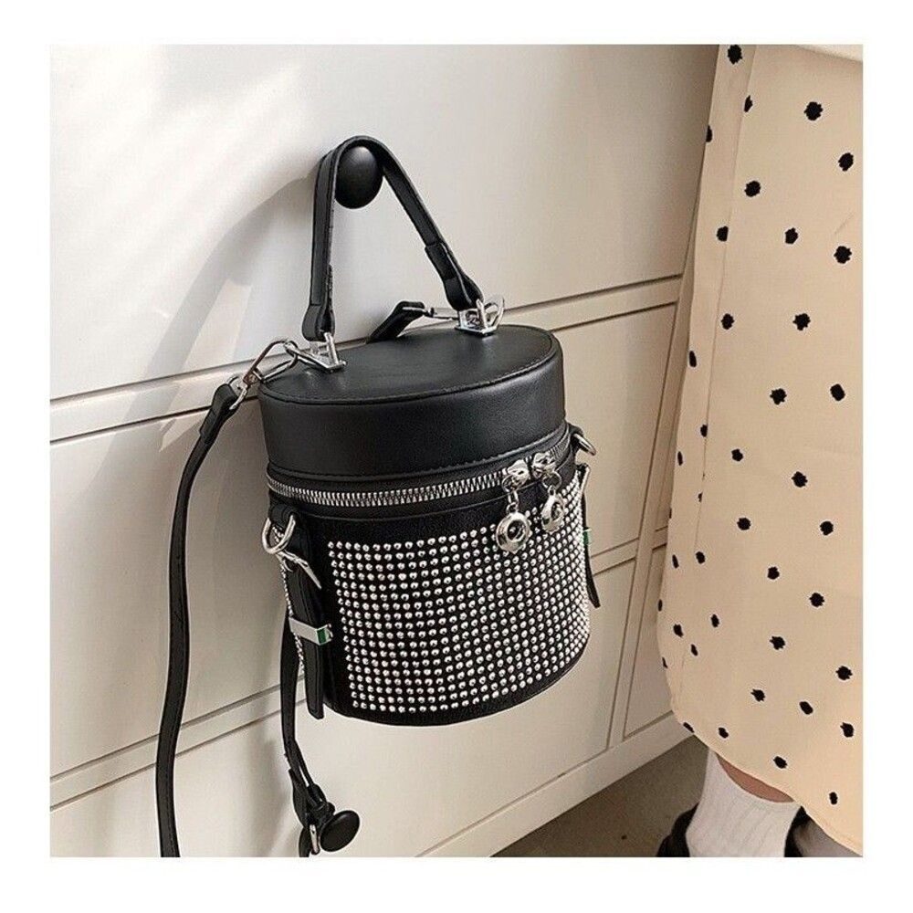 Women's Black Rhinestone Bucket Satchel Crossbody Handbag - Picture 4 of 7